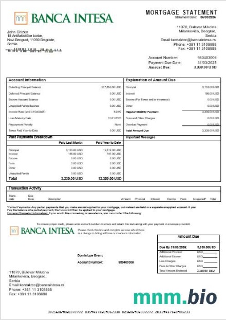 Serbia Banca Intesa wyciąg z kredytu hipotecznego w formatach Word i PDF